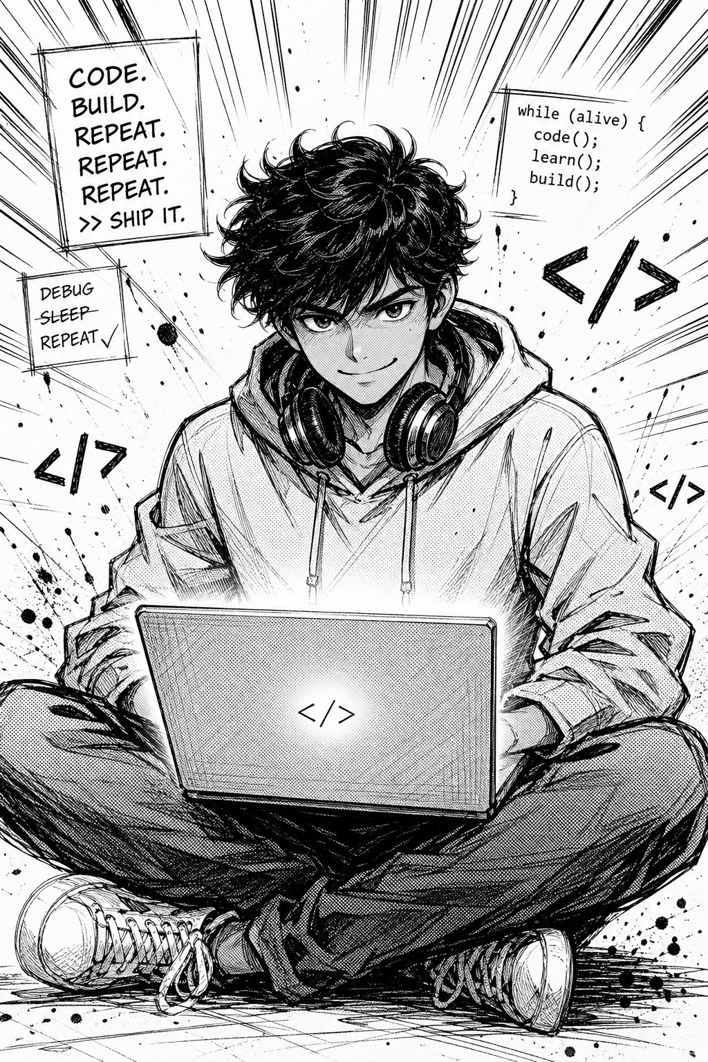 Manga ink sketch of a young developer sitting with a laptop