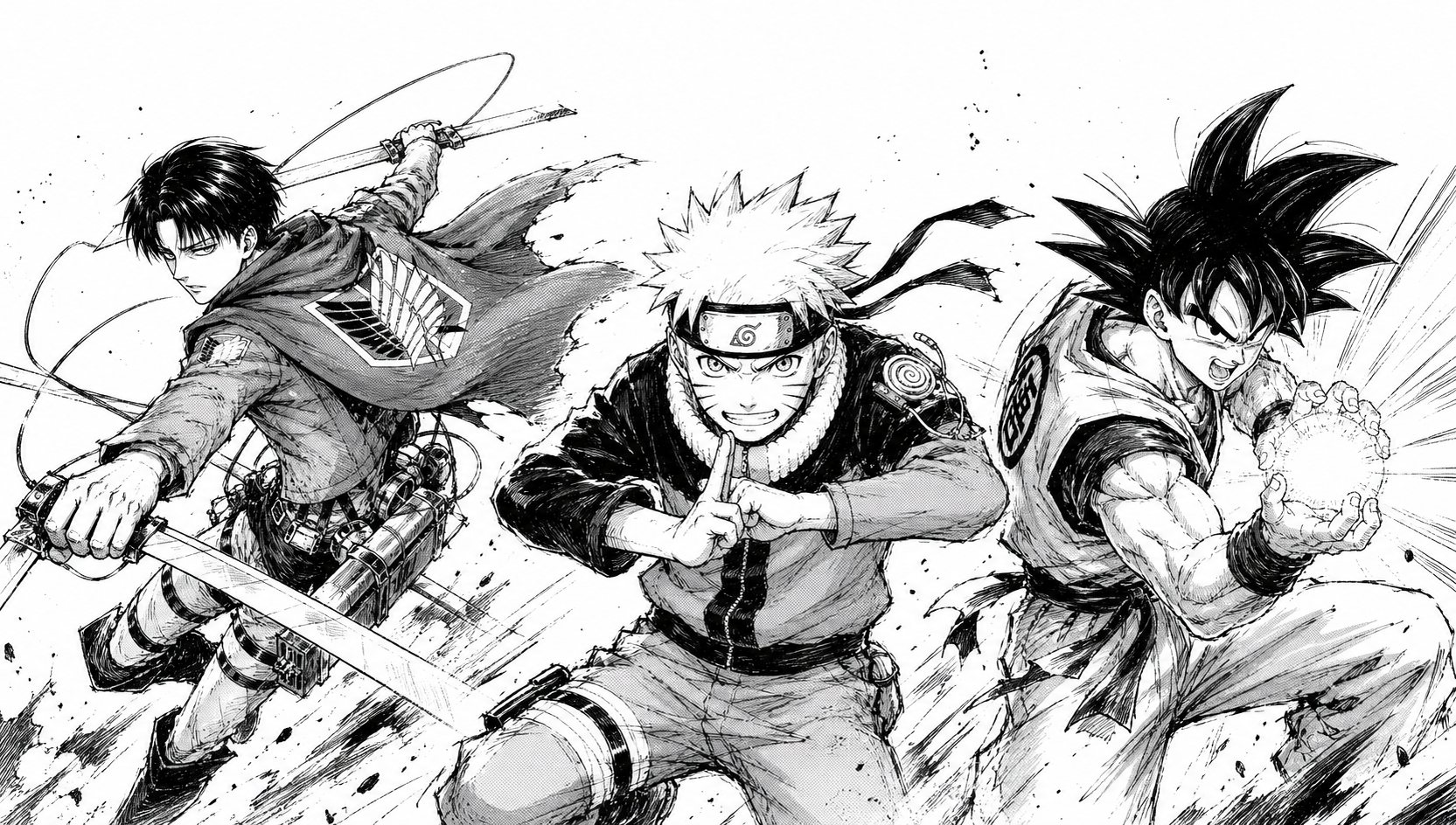 Black and white manga ink sketch of three shonen heroes: a dual-wielding scout (Attack on Titan style), a whiskered ninja kid (Naruto style) and a spiky-haired saiyan (Goku style)