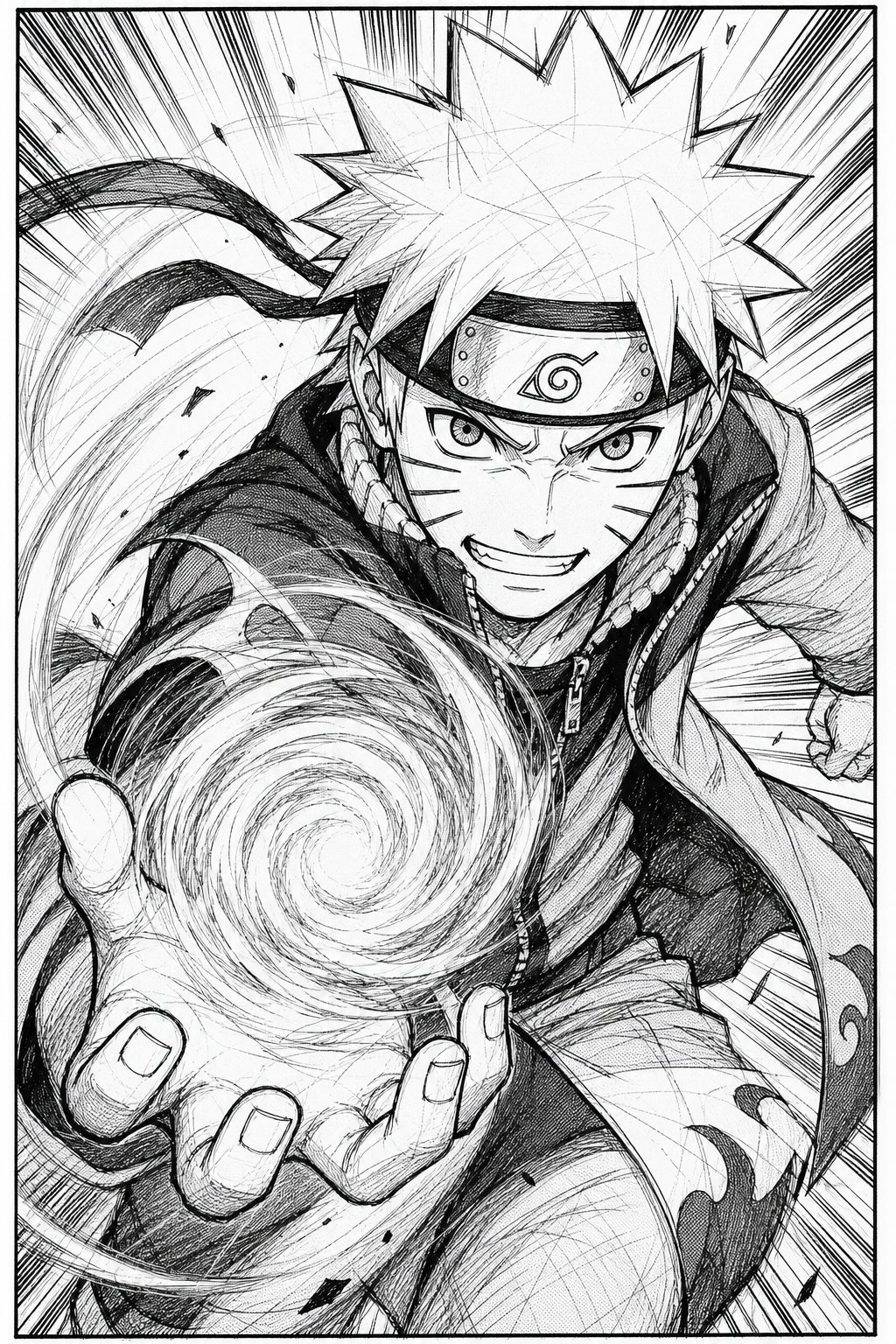 Manga ink sketch of a whiskered ninja, Naruto style, holding a swirling energy sphere