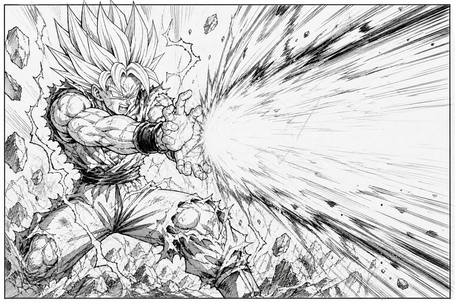 Manga ink sketch of a saiyan martial artist, Goku style, firing an energy beam