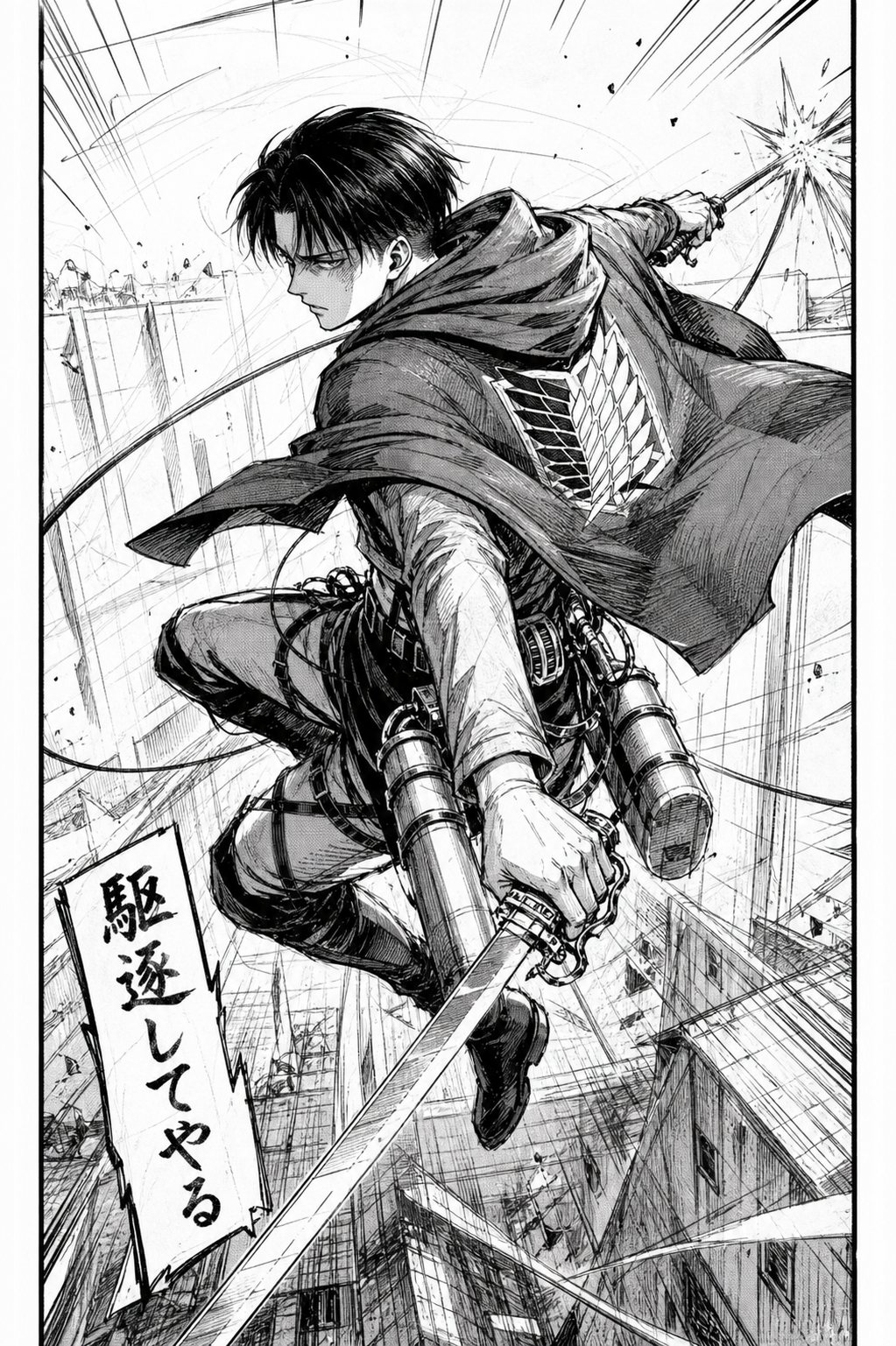 Manga ink sketch of a dual-blade scout soldier, Attack on Titan style, flying through the air